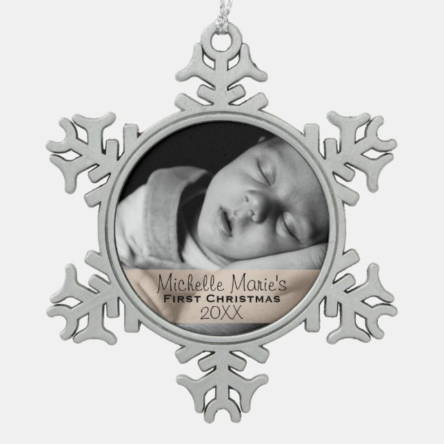 Custom Photo Year Baby's First Christmas Snowflake Pewter Christmas Ornament (Front)