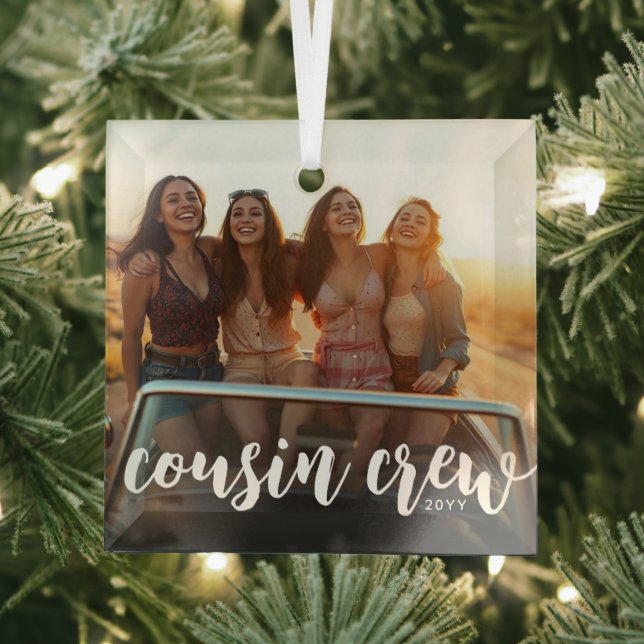 Custom Photo & Year Cousin Crew Cousins Photo Glass Tree Decoration (Insitu)