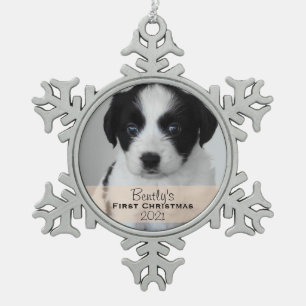 Custom Photo Year Puppy's First Christmas Snowflake Pewter Christmas Ornament