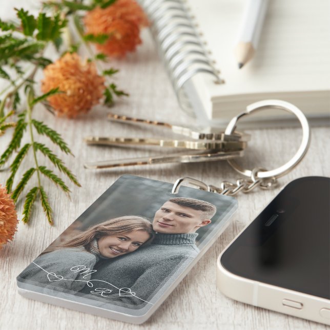 Custom Photograph And Intertwined Love Hearts Key Ring (Front Right)