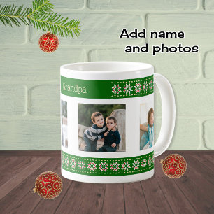 Custom photos and name green christmas pattern coffee mug