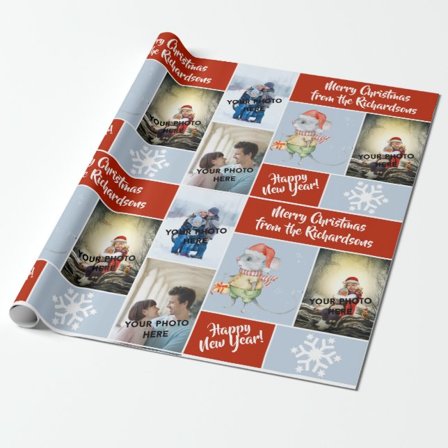 Custom photos and text with a cute Santa Mouse Wrapping Paper (Unrolled)