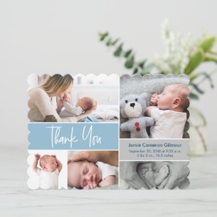 Custom Photos Blue Handlettering Baby Shower Thank You Card