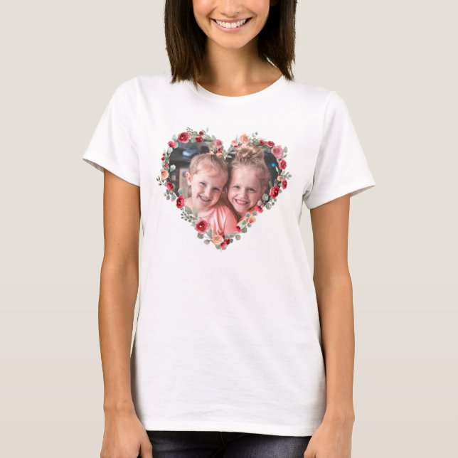 Custom Photos Happy Mother's Day Cute Flower Heart T-Shirt (Front)