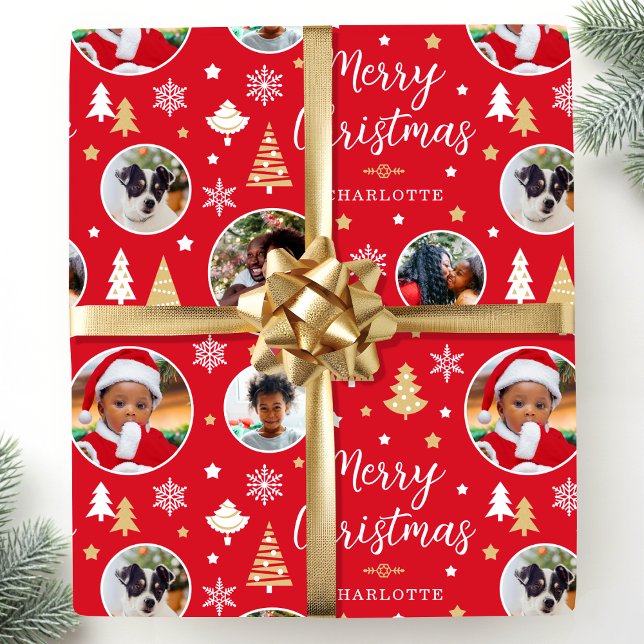 Custom Photos & Name Christmas Trees Red Wrapping Paper (Creator Uploaded)