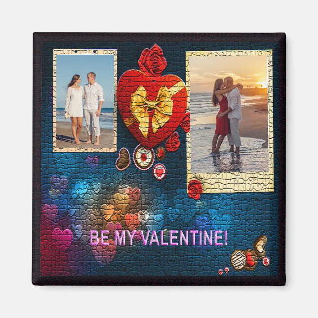 Custom Photos & Name Heart Be My Valentine Mosaic Magnet (Front)