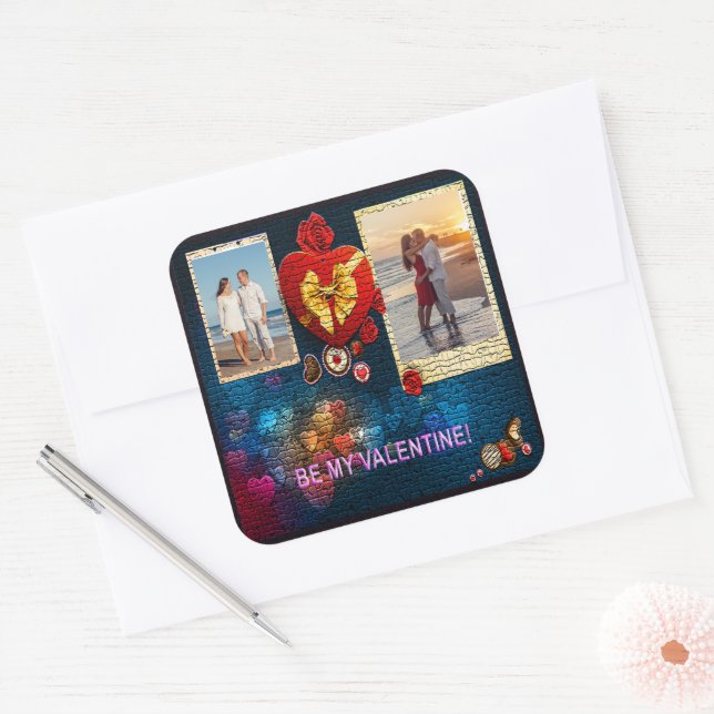 Custom Photos & Name Heart Be My Valentine Mosaic Square Sticker (Envelope)