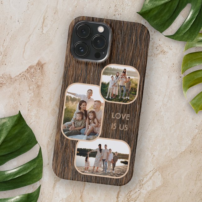 Custom Photos On Dark Brown Woodgrain Pattern iPhone Case (Creator Uploaded)