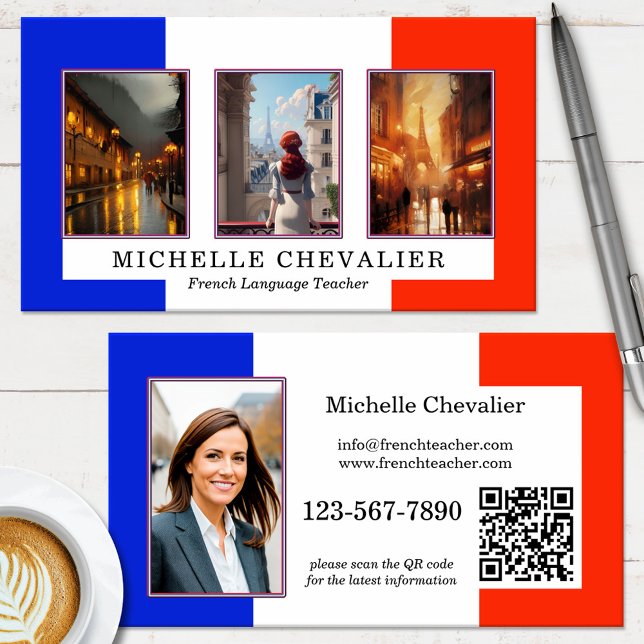 Custom Photos QR Code French Language Teacher Business Card (Creator Uploaded)