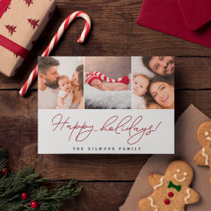 Custom Photos Red script Happy Holidays Holiday Postcard