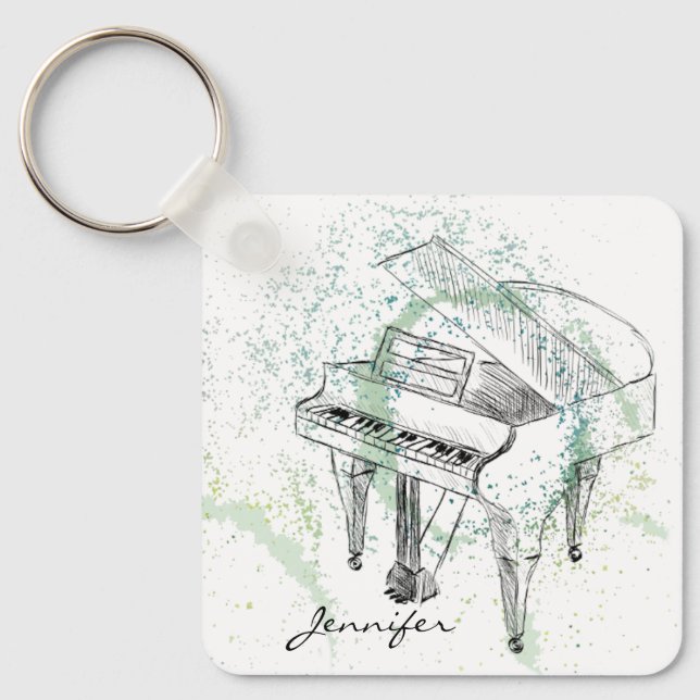 Custom Piano Illustration Art Drawing Music Lovers Key Ring (Front)
