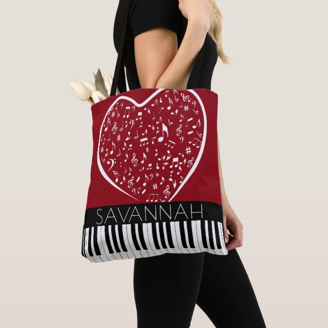 Custom Piano Music Lover Heart Name Black Red Tote Bag (Close Up)