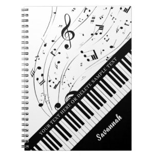 Custom Piano Music Notes Script Name Black White Notebook