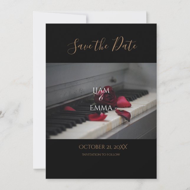 Custom Piano Rose Red Floral Wedding Save The Date (Front)