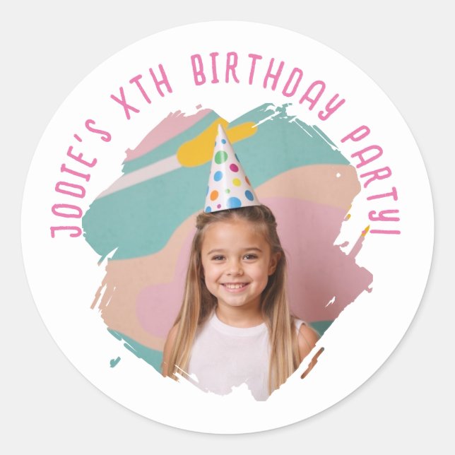 Custom Pic Name Artsy Brushstroke Birthday Any Age Classic Round Sticker (Front)