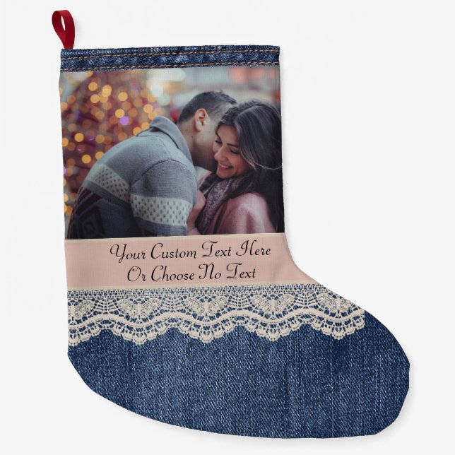 Custom Pic/Text Blue Jeans Denim Chic Lace Large Christmas Stocking (Front)