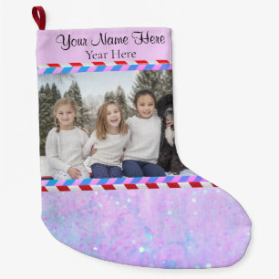 Custom Pic/Text Pastel Purple Pink Glitter Stripes Large Christmas Stocking