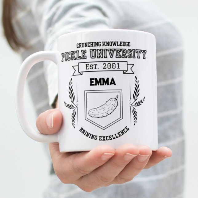 Custom Pickle University- Funny Pickle Lovers Two-Tone Coffee Mug (Woman holding Pickle University theme mug design.)