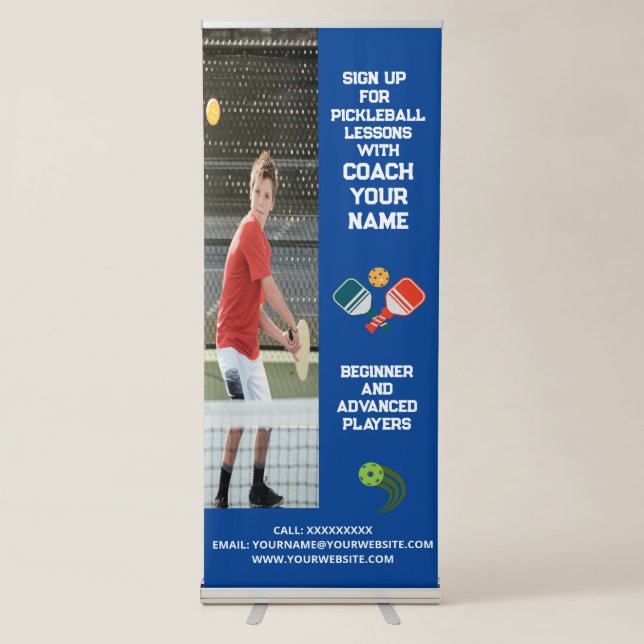 Custom Pickleball Coaching Class Lessons Blue Retractable Banner (Front)