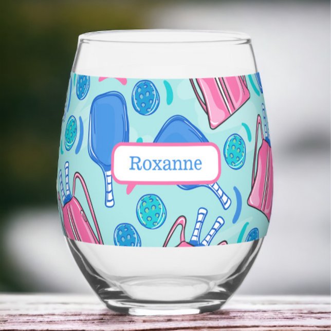 Custom Pickleball Paddles & Balls Blue Preppy  Stemless Wine Glass (Creator Uploaded)