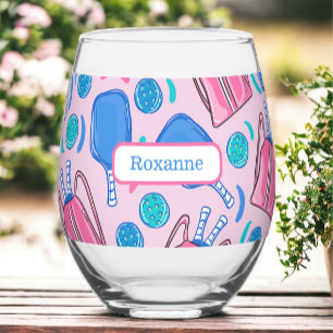 Custom Pickleball Paddles & Balls Pink Preppy Stemless Wine Glass