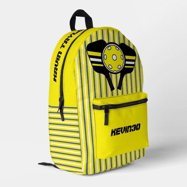 Custom pickleball player cool stripes yellow sport printed backpack (Back Corner Left)