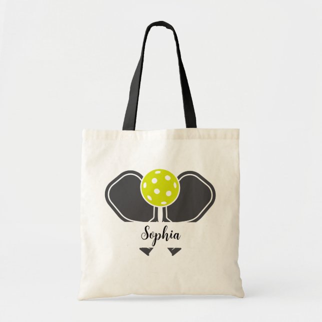 Custom Pickleball Player Name Paddle & Ball Design Tote Bag (Front)