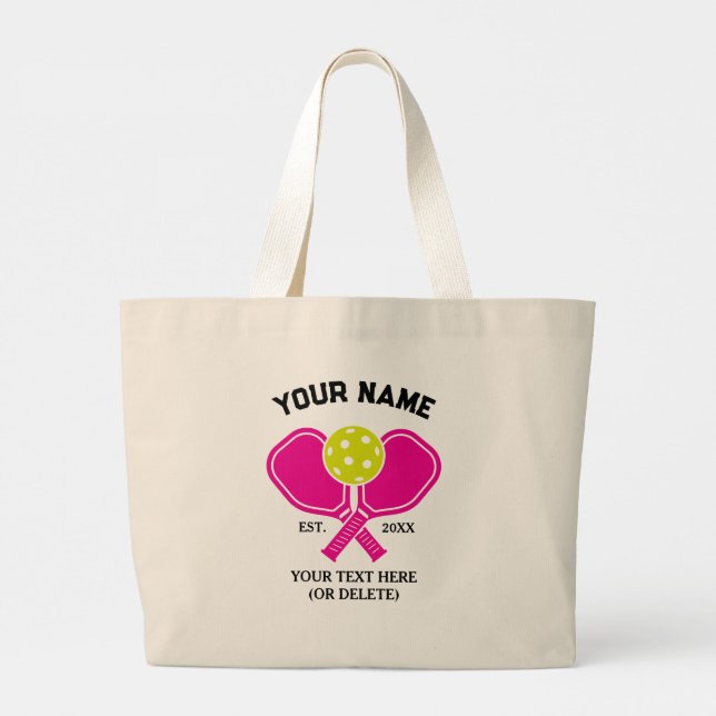 Custom Pickleball Team Name – Pink Paddle Design Large Tote Bag (Back)