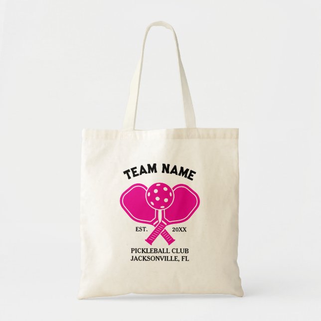 Custom Pickleball Team Name – Pink Paddle Design Tote Bag (Front)