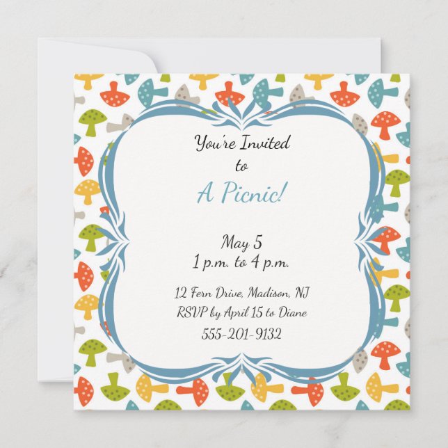 Custom Picnic Party Invitation with Mushrooms (Front)