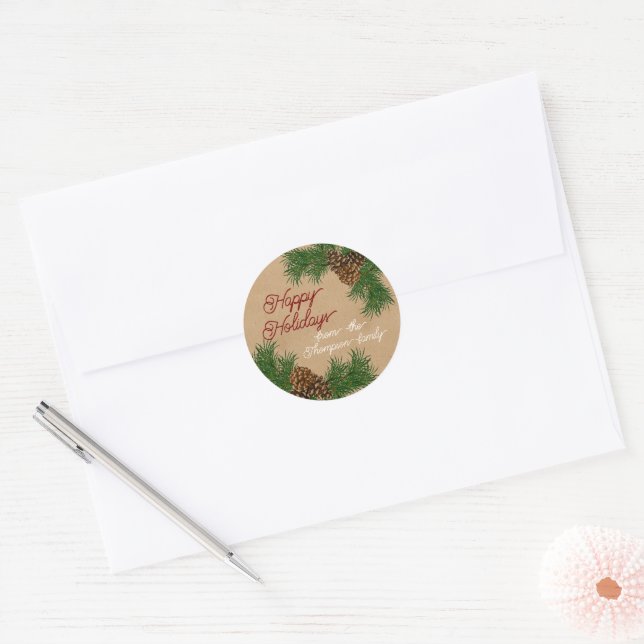 Custom Pinecones Pine Needles Branches Wreath Classic Round Sticker (Envelope)