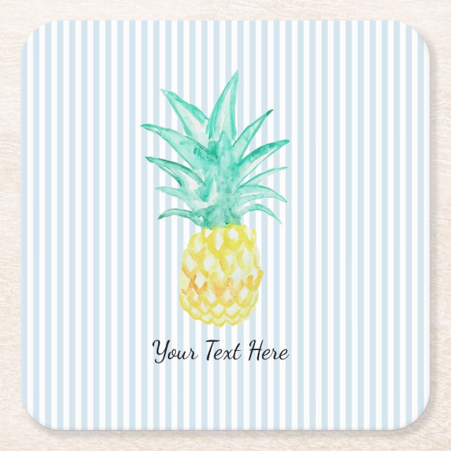 Custom Pinepple Painting Blue Stripe Square Paper Coaster (Front)