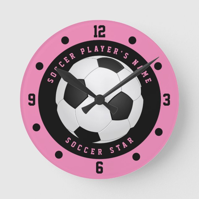 Custom Pink and Black Girl's Soccer Star Player  R Round Clock (Front)