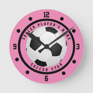 Custom Pink and Black Girl's Soccer Star Player Round Clock