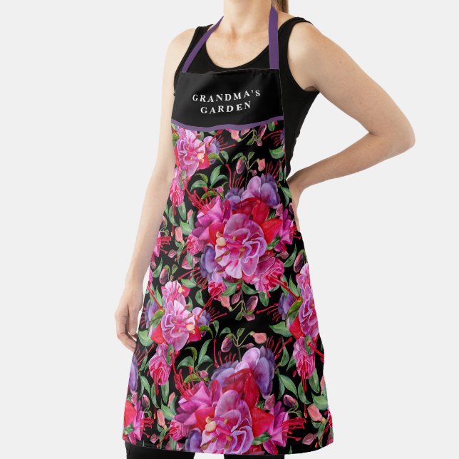 Custom Pink And Black Watercolor Fuchsia Blooms  Apron (Insitu)