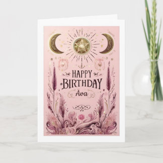 Custom Pink and Gold Floral Celestial Birthday Card