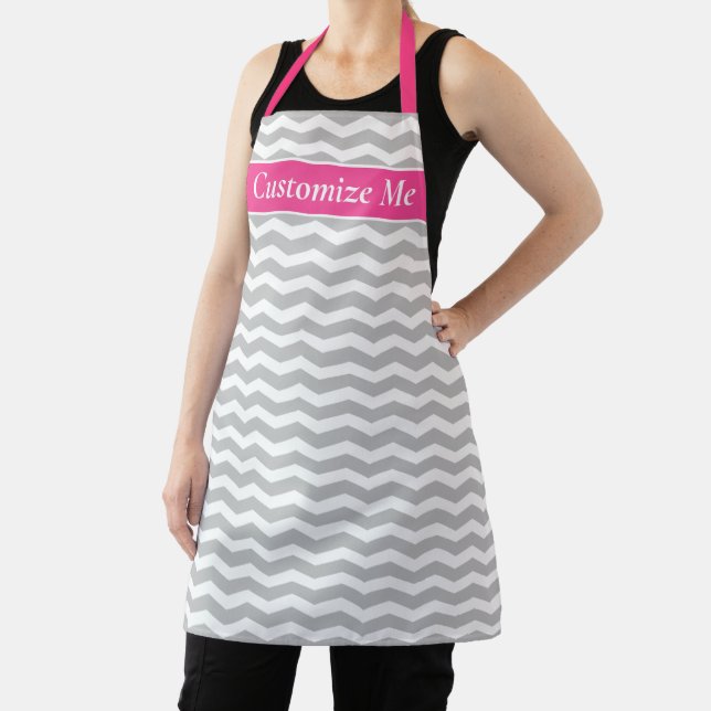 Custom pink and gray chevron pattern kitchen apron (Insitu)