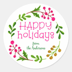 Custom Pink and White Happy Holidays Wreath Classic Round Sticker