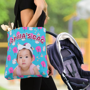Custom Pink Baby Girl Photo and Unicorn Design Tote Bag
