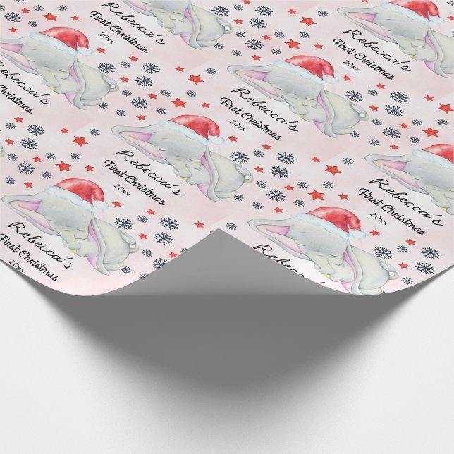 Custom Pink Baby's Girl First Christmas Elephant Wrapping Paper (Corner)