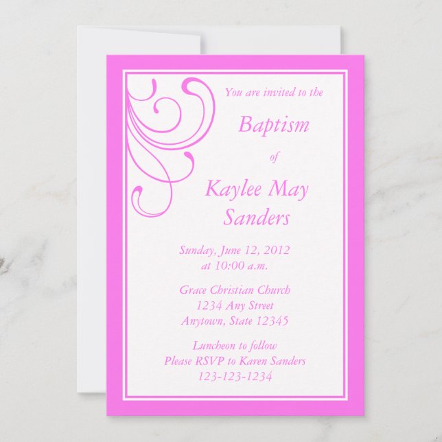 Custom Pink Baptism Invitation or Other Event (Front)