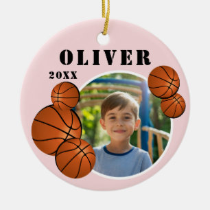 Custom Pink Basketball Ball Sports Photo Ceramic Tree Decoration