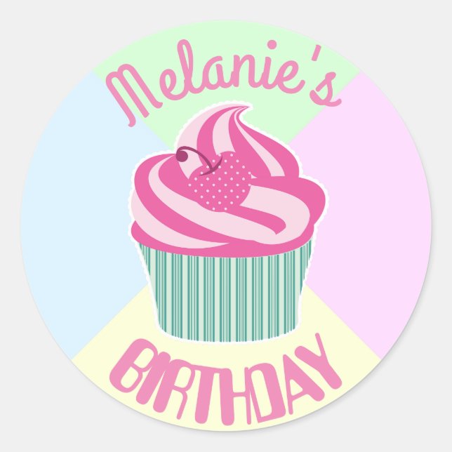 Custom Pink Birthday Cupcake Personalised Classic Round Sticker (Front)