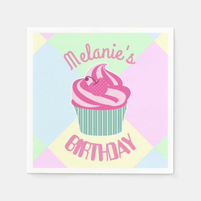 Custom Pink Birthday Cupcake Personalised Napkin (Front)