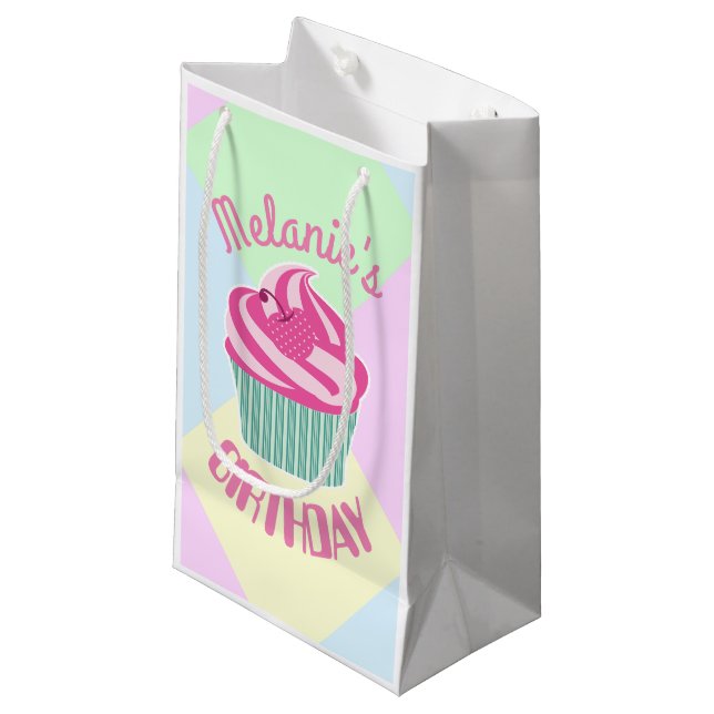 Custom Pink Birthday Cupcake Personalised Small Gift Bag (Front Angled)
