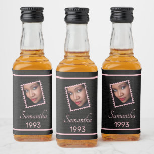Custom Pink Black Photo Birthday Mini Liquor Bottle Label