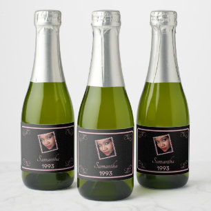 Custom Pink Black Photo Birthday Mini Sparkling Wine Label