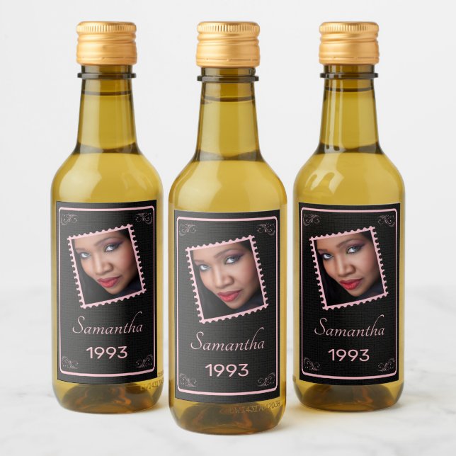 Custom Pink Black Photo Birthday  Wine Label (Bottles)