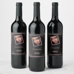 Custom Pink Black Photo Birthday Wine Label