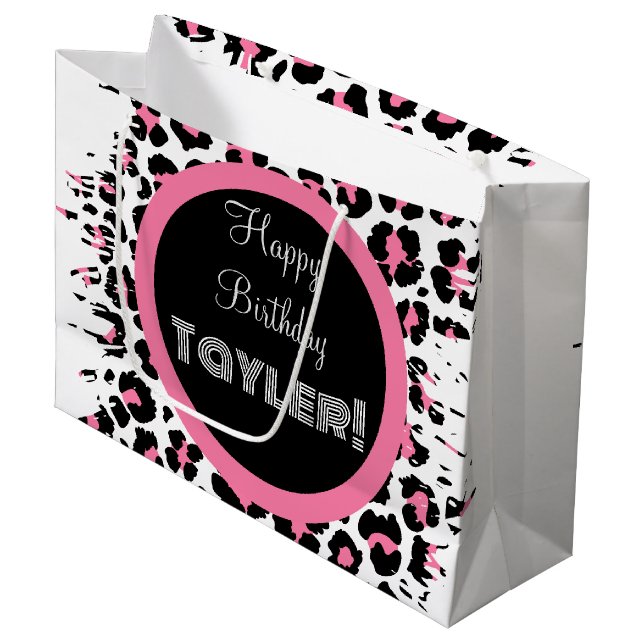 Custom Pink Black & White Cheetah Print Large Gift Bag (Front Angled)